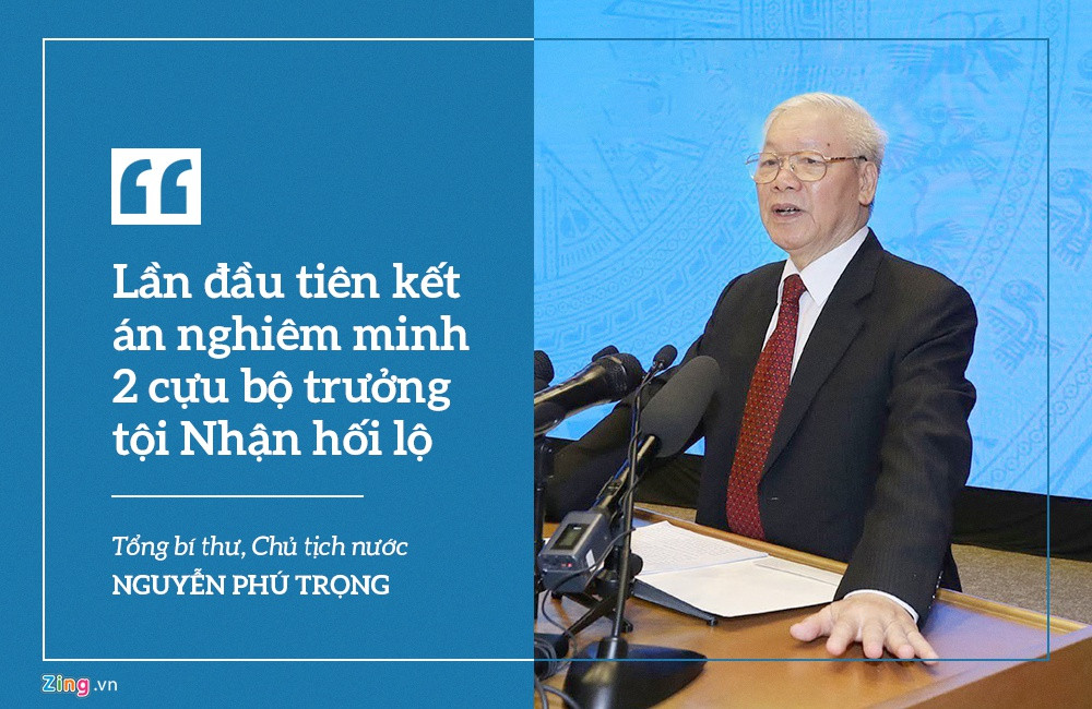 Nhắc đến vụ án AVG, Tổng bí thư nhấn mạnh đây là vụ án đặc biệt nghiêm trọng, lần đầu tiên xét xử công khai, kết án rất nghiêm minh hai cựu Ủy viên Trung ương Đảng, cựu Bộ trưởng Bộ Thông tin Truyền thông và nhiều quan chức khác về tội tham nhũng, nhận hối lộ, chứ không chỉ là tội thiếu trách nhiệm gây hậu quả nghiêm trọng.