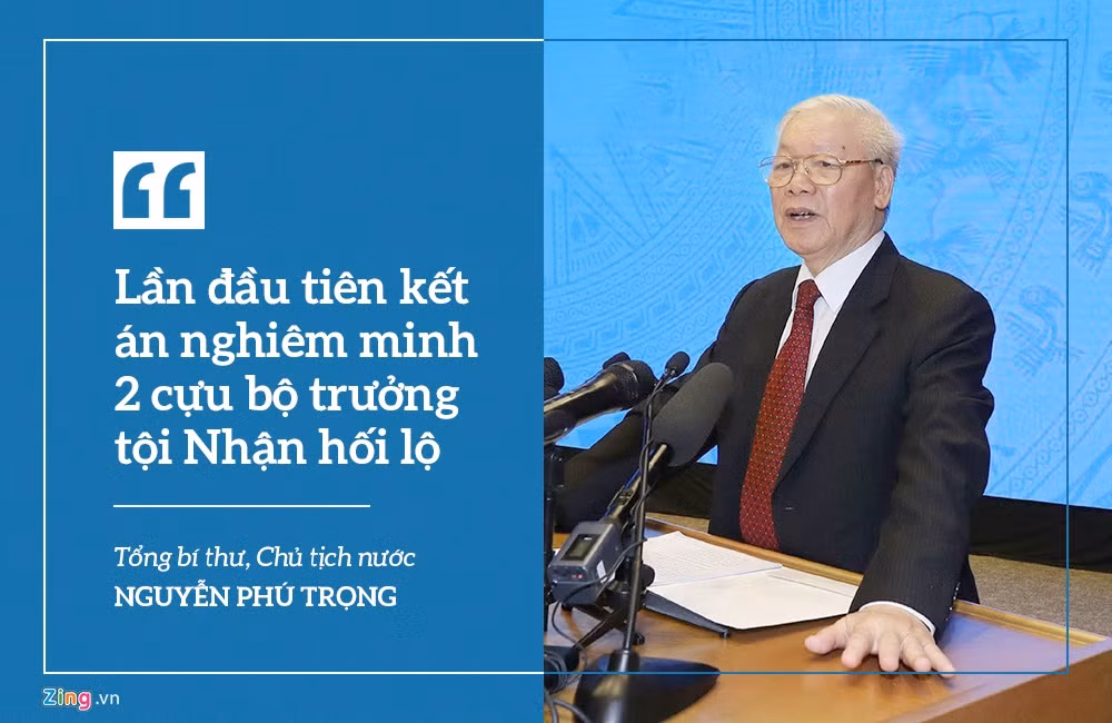 Nhắc đến vụ án AVG, Tổng bí thư nhấn mạnh đây là vụ án đặc biệt nghiêm trọng, lần đầu tiên xét xử công khai, kết án rất nghiêm minh hai cựu Ủy viên Trung ương Đảng, cựu Bộ trưởng Bộ Thông tin Truyền thông và nhiều quan chức khác về tội tham nhũng, nhận hối lộ, chứ không chỉ là tội thiếu trách nhiệm gây hậu quả nghiêm trọng.