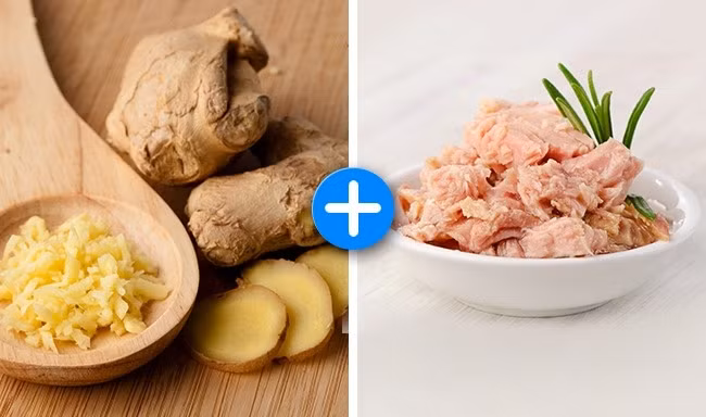 Cá ngừ và gừng. Gừng từ lâu đã được xem như một thảo dược có chức năng làm sạch dạ dày và các khối enzym gây viêm. Cá ngừ lại chứa một loại omega 3 ngăn chặn việc đọng mỡ vùng bụng. Vì thế kết hợp 2 loại này trong bữa ăn là cách giảm cân hiệu quả nhất.