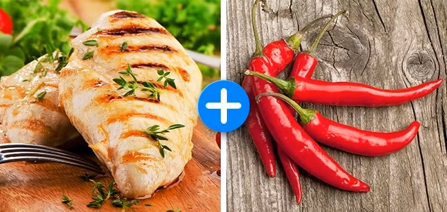 Thịt gà và ớt cayenne. Thịt gà là thực phẩm giàu protein và ít calo. Ớt cayenne là loại ớt của Ấn Độ có tác dụng làm tăng tốc độ đốt cháy chất béo và ức chế sự thèm ăn.