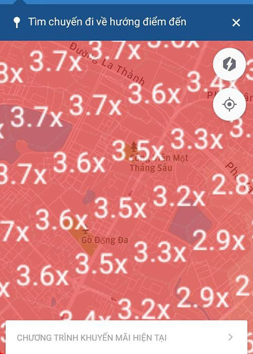 Bản đồ các cung đường tăng giá của Uber. Ảnh chụp màn hình.