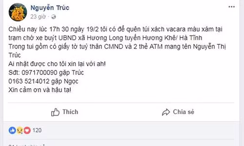 Chị Trúc cũng lên Facebook cá nhân đăng thông tin xin lại chiếc túi.