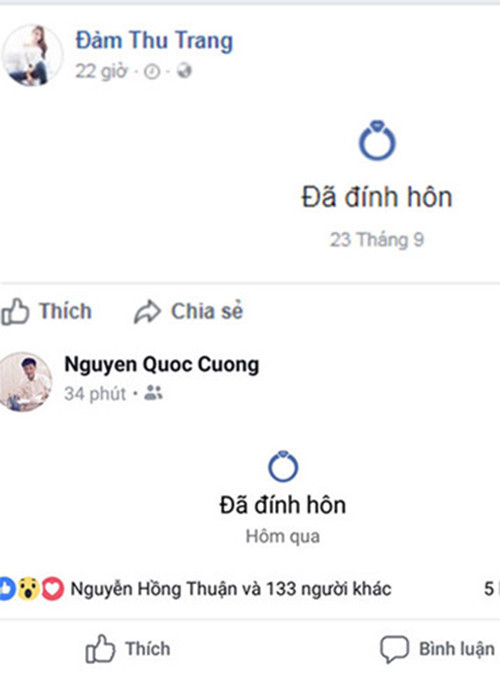 Tháng 9/2017, Đàm Thu Trang và Cường Đô la đồng loạt cập nhật trạng thái đã đính hôn. Ảnh: FBNV