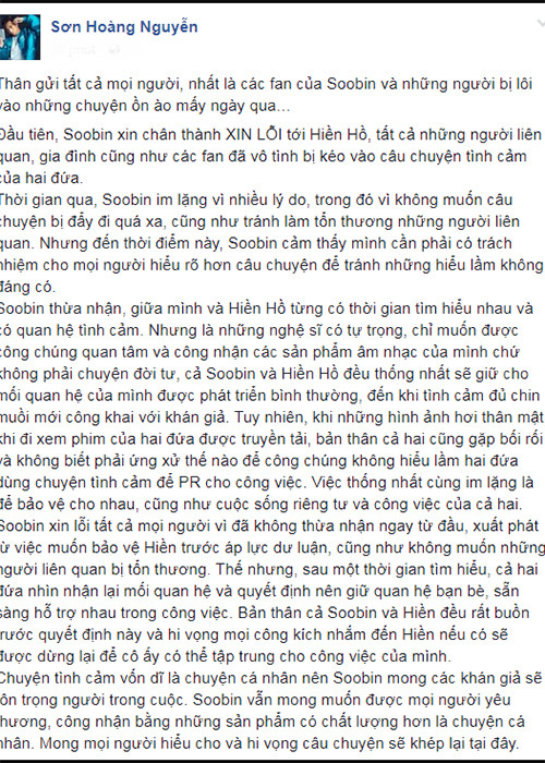 Sau nhiều lần bác bỏ, Soobin Hoàng Sơn đăng tải tâm thư thừa nhận từng yêu Hiền Hồ nhưng đã chia tay. Ảnh: Vietnamnet