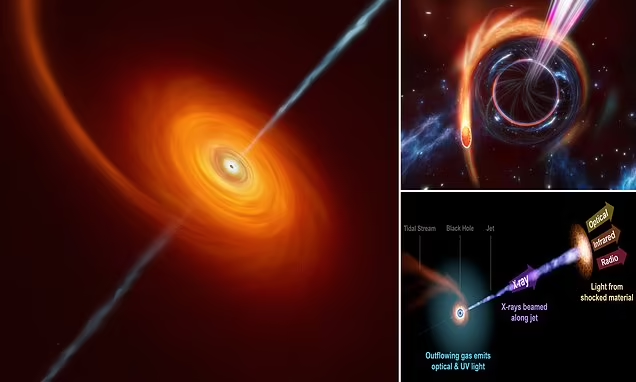 Chiếc bánh rán plasma nóng này nhanh chóng tăng tốc xung quanh hố đen và biến thành một tia năng lượng và vật chất khổng lồ, tạo ra một tia sáng đặc biệt mà các kính viễn vọng quang học, tia X và sóng vô tuyến có thể phát hiện được.