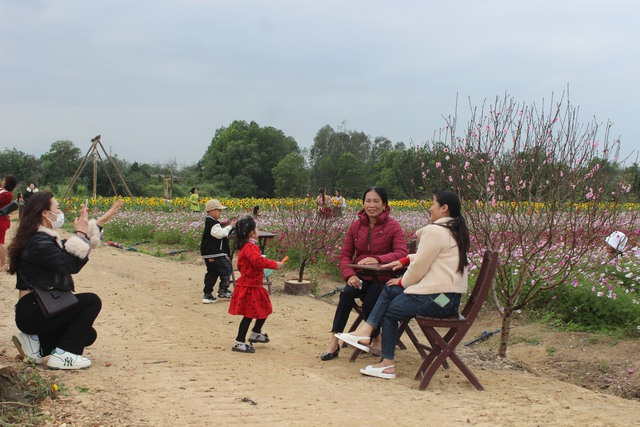 Trong không gian rực rỡ sắc hoa xuân, những du khách thích thú chụp những tấm hình đẹp.