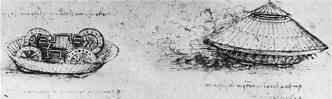  2. Xe tăng bọc thép: Danh họa Leonardo da Vinci phát minh “con rùa gỗ" (mô hình của chiếc ôtô hòm bọc thép) cách đây 500 năm. Đây được coi là tiền thân của xe tăng hiện đại.
