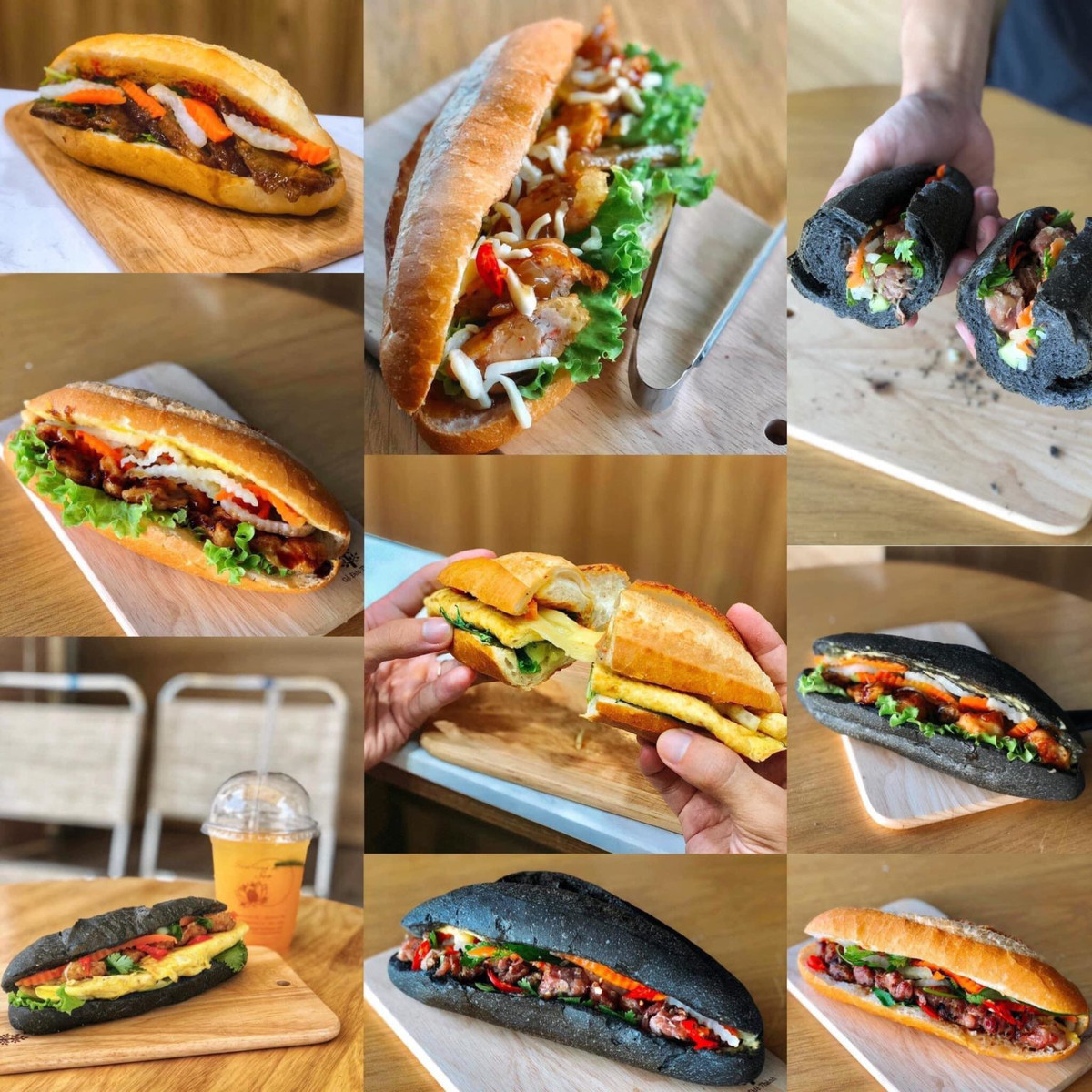 Trong ảnh là bánh mì Sen phiên bản đặc biệt gồm tôm chiên, phô mai, sốt gia truyền và bánh mì Sen truyền thống, than tre thường có nhân là thịt xá xíu, thịt nướng, gà chiên sốt Teriyaki, trứng cuộn phô mai, pate.