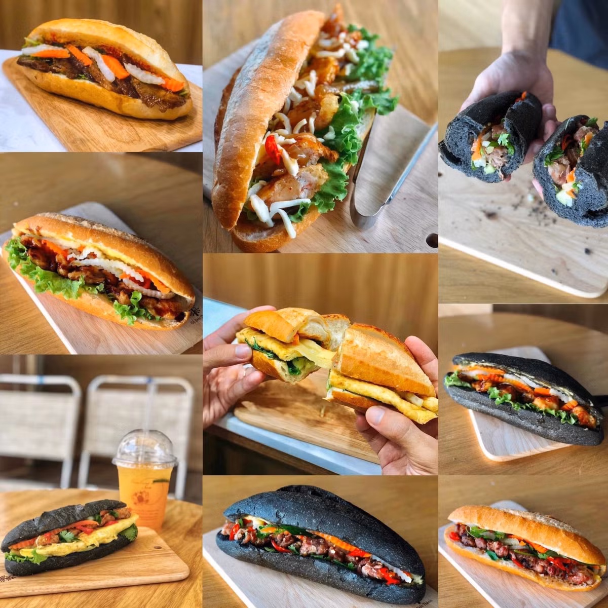 Trong ảnh là bánh mì Sen phiên bản đặc biệt gồm tôm chiên, phô mai, sốt gia truyền và bánh mì Sen truyền thống, than tre thường có nhân là thịt xá xíu, thịt nướng, gà chiên sốt Teriyaki, trứng cuộn phô mai, pate.