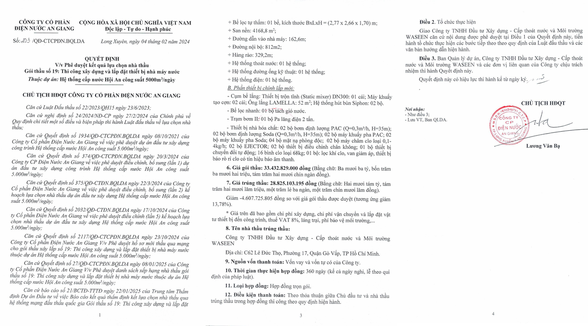 An Giang: Gói thi công xây dựng nhà máy nước Hội An về tay Cty Wassen An Giang: Goi thi cong xay dung nha may nuoc Hoi An ve tay Cty Wassen