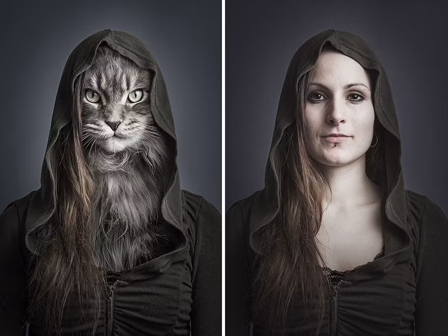 Trong những bức ảnh, không khó để nhận ra khi được khoác lên mình bộ trang phục và các phụ kiện y hệt chủ nhân, những con mèo cưng, thú cưng giống chủ nhân đến kỳ lạ.