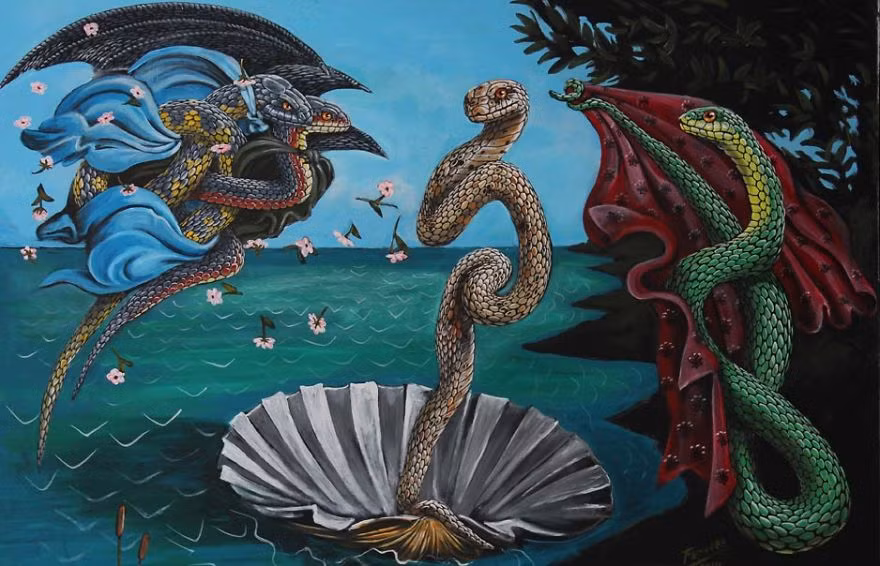 Tuy nhiên, một số người khi xem tranh của Bill Flowers bày tỏ suy nghĩ rằng họ bị ám ảnh bởi những con rắn nhiều hơn từ khi xem những bức tranh của anh, họ cảm thấy những con rắn đang "xâm lược" các tác phẩm nghệ thuật và việc người họa sĩ này làm còn khiến người ta ghê tởm loài động vật máu lạnh này hơn. Trong ảnh là bức họa "Sự ra đời của nữ thần sắc đẹp rắn" nhái theo "Sự ra đời của nữ thần tình yêu và sắc đẹp Venus"