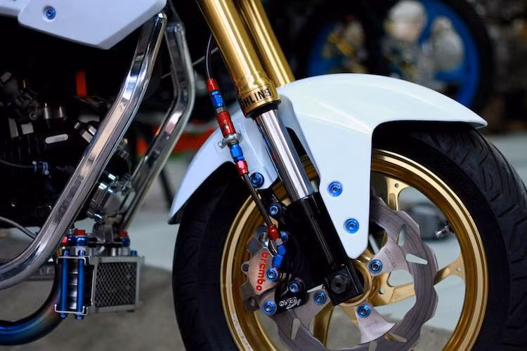 Bộ vành nguyên bản của chiếc xe đã được chủ xe thay bằng mâm 6 cánh xoắn GP-10 từ hãng Over Racing của Nhật. Hệ thống phanh ở bánh trước đã được nâng cấp với heo Brembo và đĩa hoa Galfer. Dàn ốc Proti khiến chiếc xe côn tay MSX125 càng trở nên nổi bật hơn.