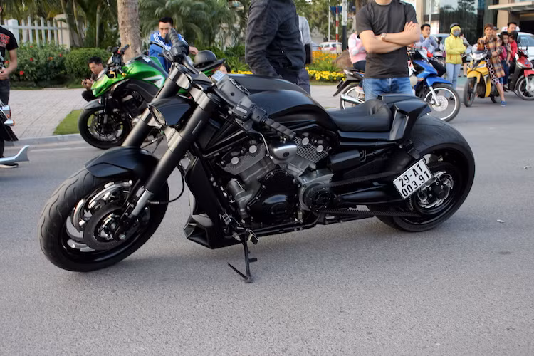 Bên cạnh những mẫu xe được trưng bày tại các gian hàng, những biker góp mặt tại Day of H.O.G. với những mẫu xe độ độc đáo hay các dòng môtô hiếm lạ của mình. Trong hình là chiếc Harley-Davidson V-Rod Muscle độ "bánh béo" đã từng cùng biker Đức "Tào phớ" hóa trang thành siêu anh hùng Batman.