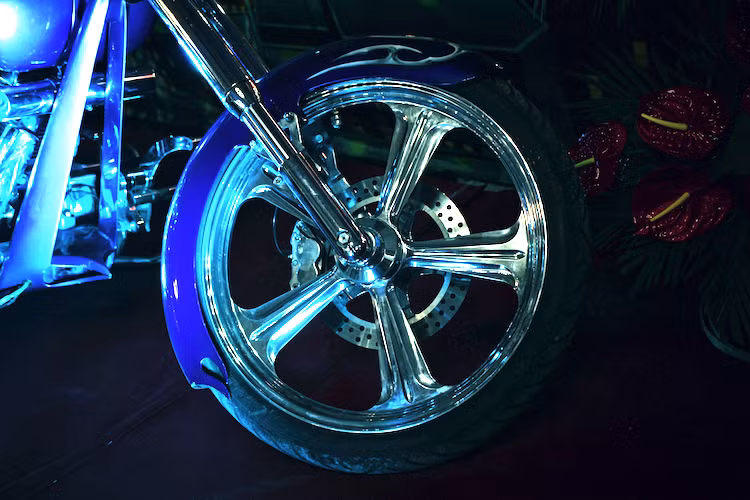 Theo phong cách chopper, chiếc xe được trang bị phuộc trước có chiều dài lớn, với mâm lớn 21 inch thiết kế 5 cánh với những đường gân nổi tinh xảo đi kèm lốp kích thước 100/90/21 của hãng Avon. Hệ thống phanh đĩa trước cảu Big Dog Custom One sử dụng đĩa đơn với heo 4 piston.