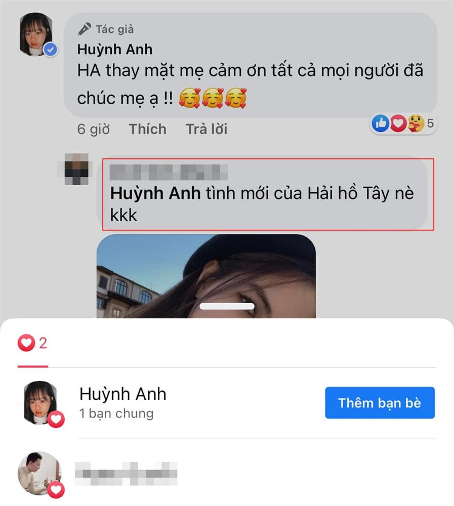 Giữa tin đồn, trong khi Quang Hải - Hải Anh giữ im lặng thì bạn gái cũ Huỳnh Anh gần đây nhất lại có động thái gây chú ý. Theo đó, dưới bài viết Huỳnh Anh được một người gửi ảnh cô gái được cho là bồ mới của bạn trai cũ kèm caption: "Tình mới của Hải hồ Tây nè''. Ảnh: Chụp màn hình