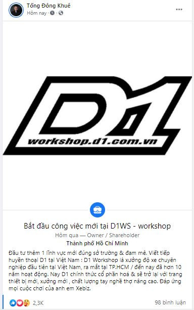 Sau gần 20 ngày "ở ẩn" trên mạng xã hội để tránh thị phi, Tống Đông Khuê đã có động thái mới. Trên Facebook, anh chàng cập nhật công việc mới. theo đúng sở trường và đam mê – đó là kinh doanh xưởng độ xe chuyên nghiệp đầu tiên tại Việt Nam. Ảnh: Chụp màn hình
