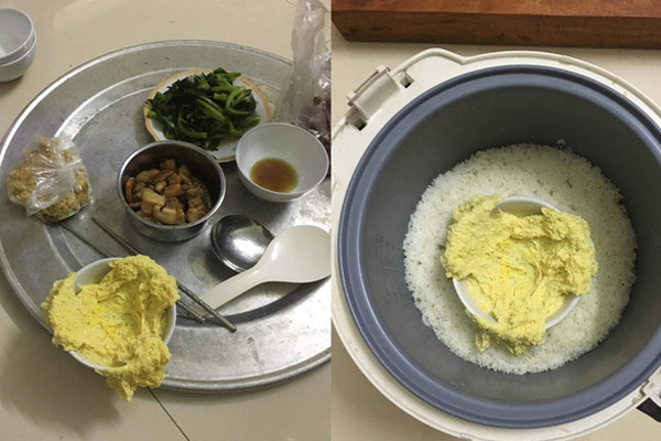 Có lẽ vì do vợ đánh trứng hơi quá tay và chiếc bát quá nhỏ nên khi vừa cho vào hấp, cơm sôi đã khiến cho trứng tràn ra ngoài.