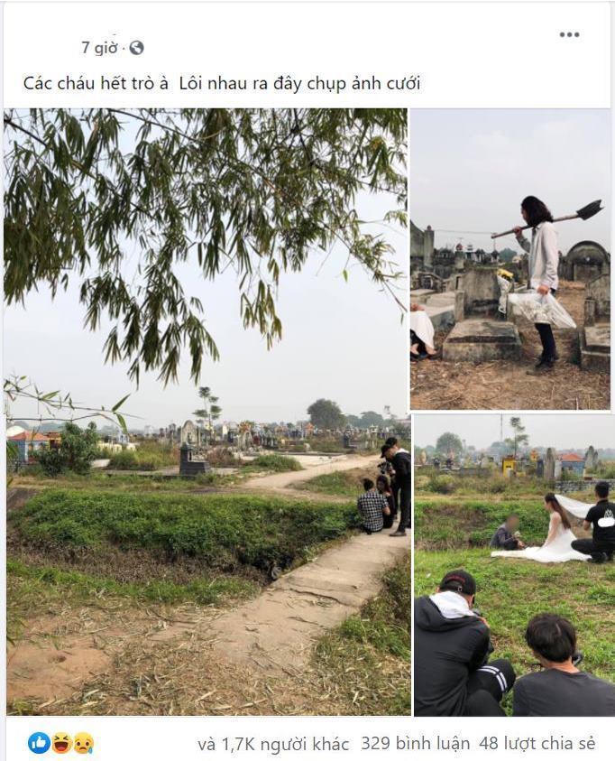 Mới đây trên mạng xã hội xuất hiện một bộ ảnh cưới kỳ dị của cặp đôi trẻ được chụp lại nghĩa trang khiến dân mạng vô cùng quan tâm và chú ý. Cô dâu chú rể đã lựa chọn khá nhiều trang phục để thực hiện cho bộ ảnh này. Ảnh: Chụp màn hình