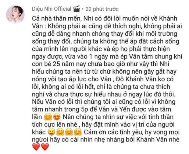 Diệu Nhi cũng giải thích cho cư dân mạng hiểu: "Đỗ Khánh Vân không có lỗi, không ai có lỗi hết, chỉ là chúng ta chưa thích nghi và chưa thực sự hiểu nhau ở ngay lúc đó thôi". Ảnh: Chụp màn hình