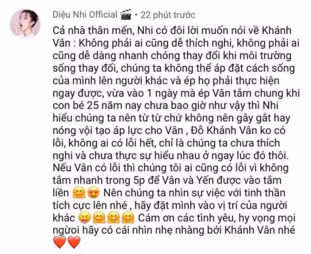 Diệu Nhi cũng giải thích cho cư dân mạng hiểu: "Đỗ Khánh Vân không có lỗi, không ai có lỗi hết, chỉ là chúng ta chưa thích nghi và chưa thực sự hiểu nhau ở ngay lúc đó thôi". Ảnh: Chụp màn hình