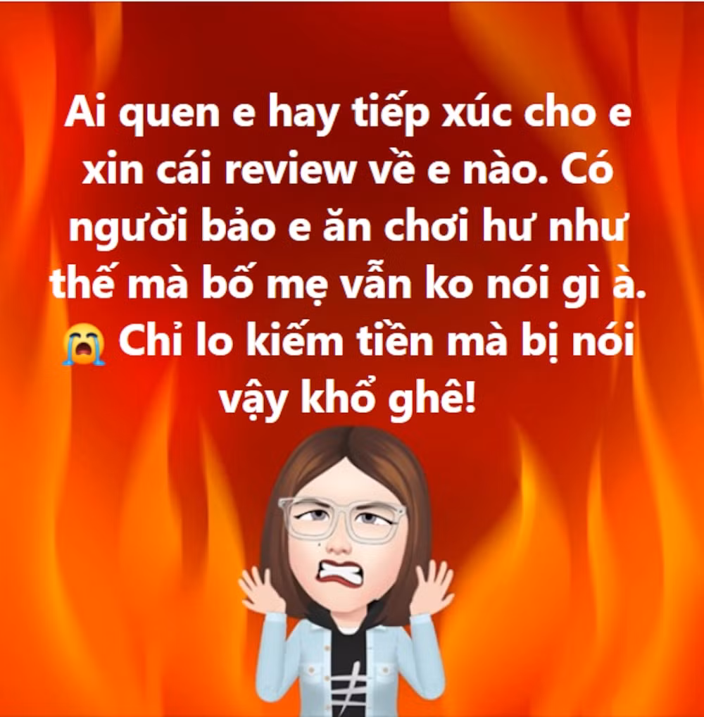 Cô viết: "Ai quen em hay tiếp xúc cho em xin cái review về em nào. Có người bảo em ăn chơi hư như thế mà bố mẹ vẫn không nói gì à. Chỉ lo kiếm tiền mà bị nói vậy khổ ghê".