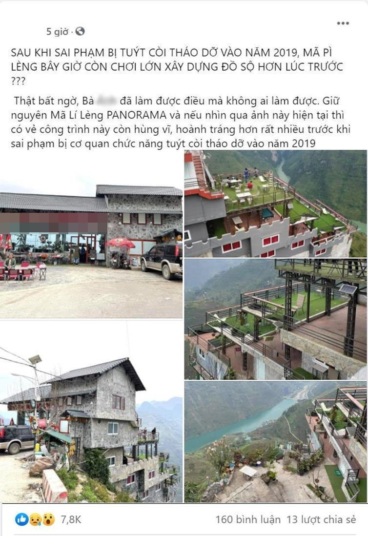 Thế nhưng mới đây, dân mạng lại tiếp tục phẫn nộ khi chứng kiến hình ảnh khách sạn trên đèo Mã Pí Lèng này vẫn hiện ra sừng sững và có phần bị cho là hoành tráng hơn xưa. Ảnh: Chụp màn hình