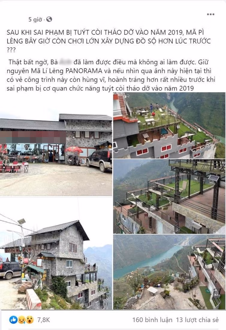 Thế nhưng mới đây, dân mạng lại tiếp tục phẫn nộ khi chứng kiến hình ảnh khách sạn trên đèo Mã Pí Lèng này vẫn hiện ra sừng sững và có phần bị cho là hoành tráng hơn xưa. Ảnh: Chụp màn hình