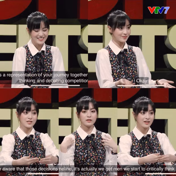 Mới đây, hot girl Mắt biếc tiếp tục đốn tim dân tình bởi loạt biểu cảm dễ thương ngay trên sóng truyền hình, phong cách trò chuyện cùng lối diễn cũng hết sức tự nhiên của cô nàng đã nhanh chóng chiếm trọn trái tim khán giả. Ảnh: Chụp màn hình