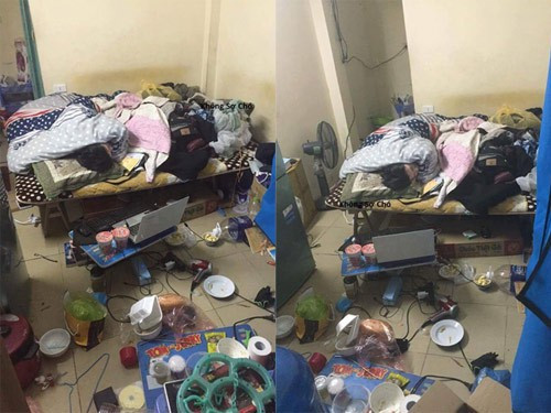 Trong bức hình căn phòng trọ với đồ đạc, quần áo bày la liệt. Từ chăn màn, nồi cơm điện, chảo nấu ăn, bếp điện cho đến bát mì tôm đang ăn dở được đặt cạnh nhau nhìn lộn xộn vô cùng.