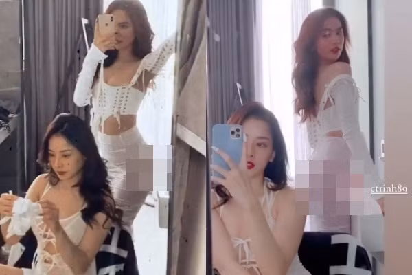 Trong khi đó, Ngọc Trinh chỉ diện áo phô diễn sương sương ngực đầy và eo 55cm, nhìn tổng thể cô không quá "bạo" như Chi Pu.