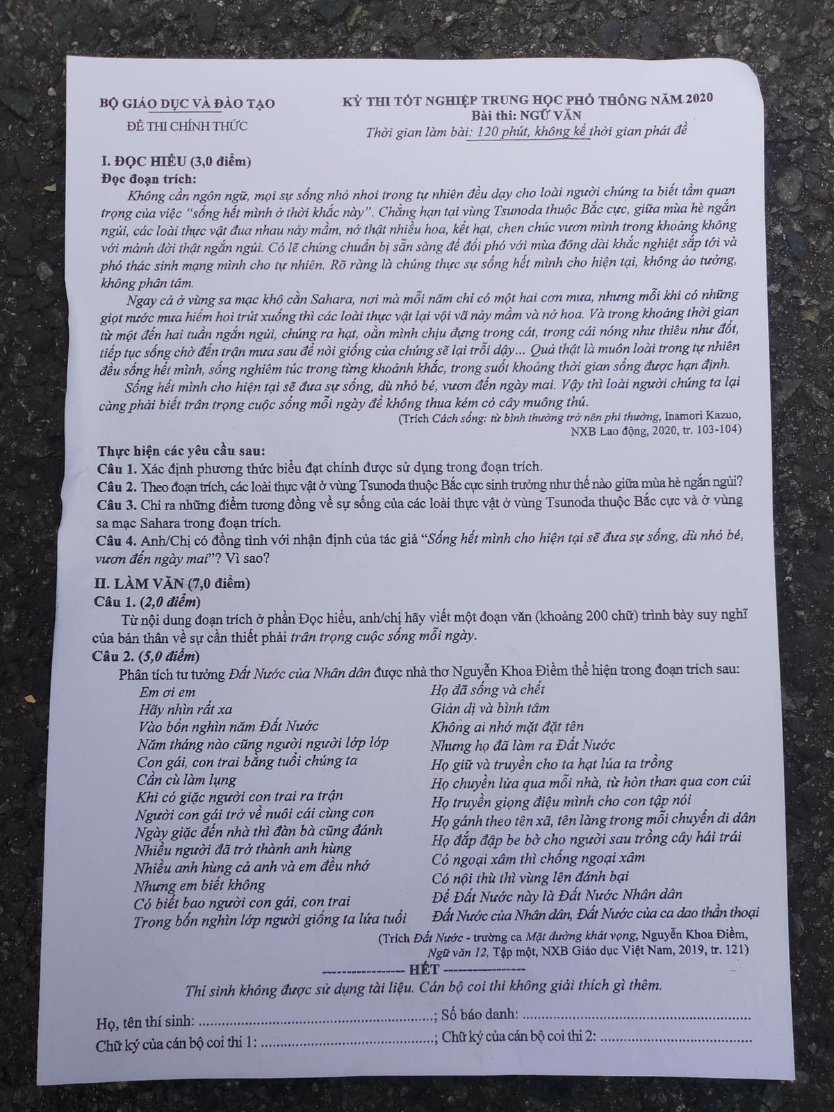 De thi, dap an mon Ngu van ky thi tot nghiep THPT 2020