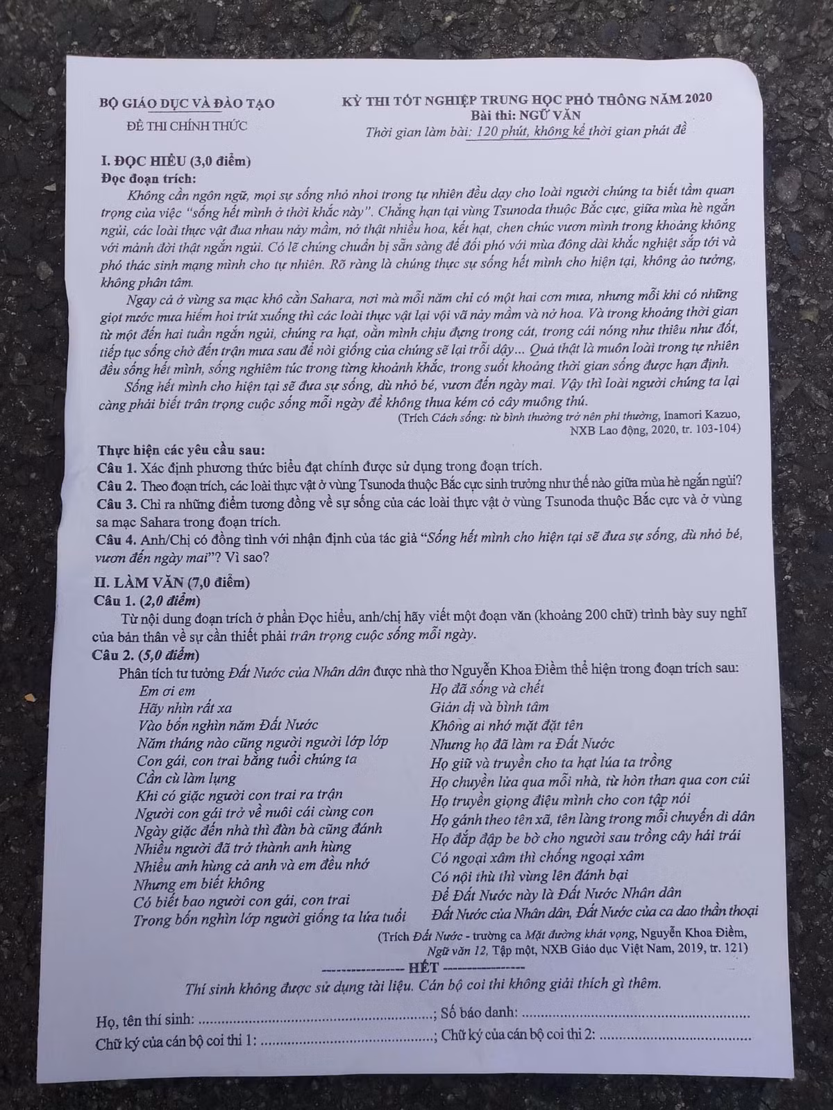 De thi, dap an mon Ngu van ky thi tot nghiep THPT 2020