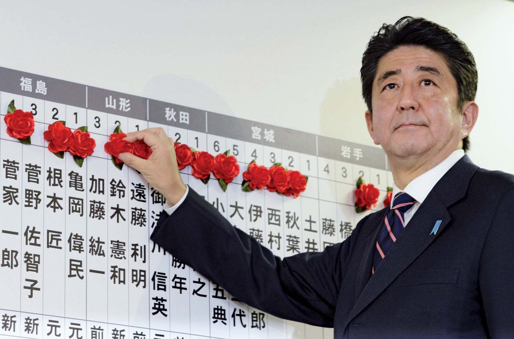 Ông Abe tại trụ sở của đảng LDP ở Tokyo vào ngày bầu cử 16/12/2012. Ông Abe một lần nữa được Quốc hội bầu làm thủ tướng Nhật Bản. Trong suốt nhiệm kỳ của mình, ông dẫn dắt đảng LDP giành chiến thắng trong các cuộc tổng tuyển cử năm 2014 và 2017, cũng như các cuộc bầu cử thượng viện vào năm 2013, 2016 và 2019. Ảnh: Kyodo.