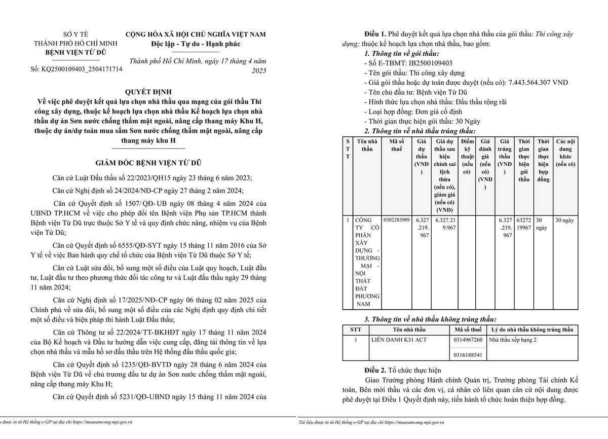 TP HCM: Nha thau nao trung goi thau xay dung tai BV Tu Du ?