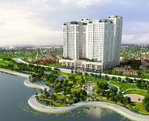 Phối cảnh thiết kế tổng thể dự án Home City. Bằng thời điểm này năm ngoái, dự án này từng gây xôn xao dự luận và báo chí vì chưa xây xong phần móng nhưng đã mở bán. Khi đó, đường đi vào công trình vẫn là đường đi nhờ.