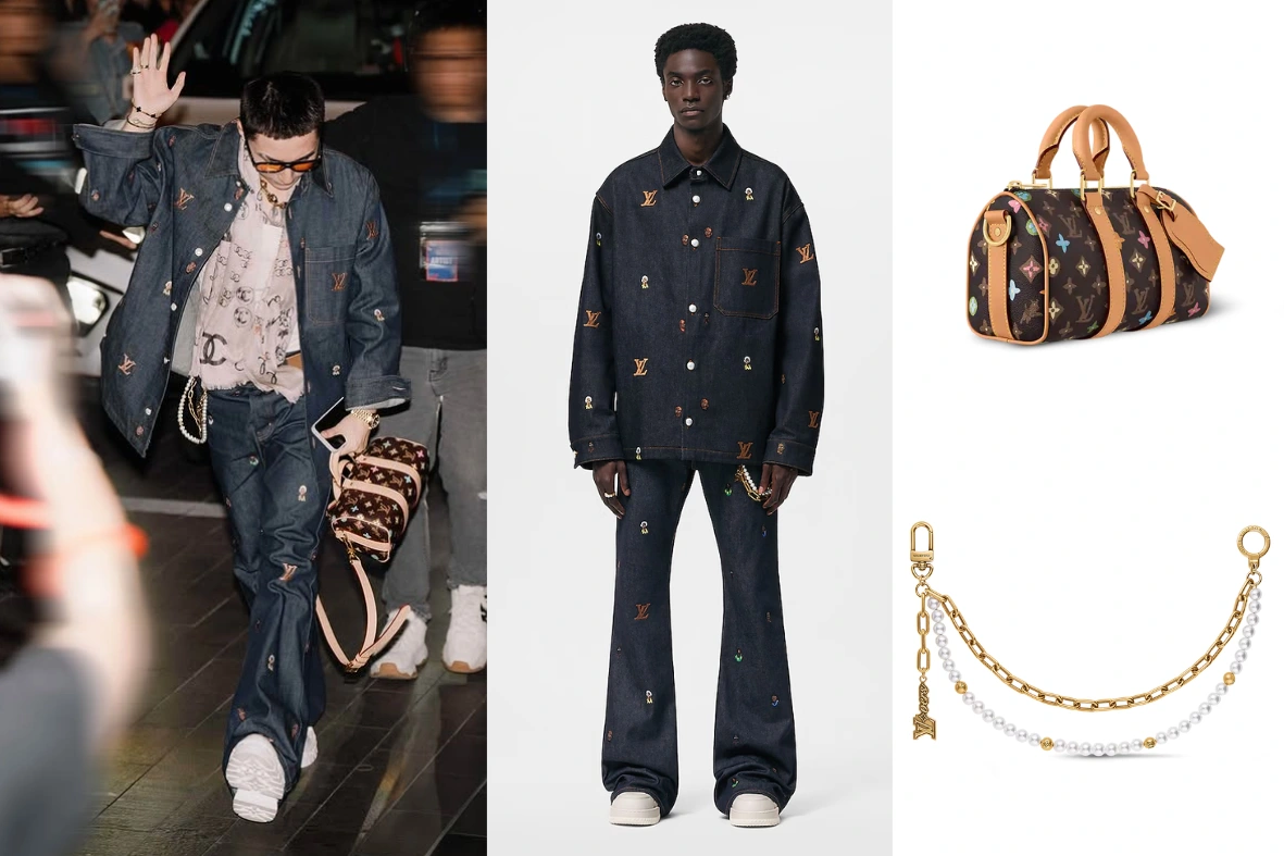 Diện trên mình cây đồ hiệu với thiết kế áo đến từ thương hiệu LV, cùng quần bootcut (quần jeans ống loe, độ rộng ống vừa đủ để che đi đôi giày boots), Sơn Tùng không ngại tặng luôn fan của mình chiếc áo jean khoác ngoài.