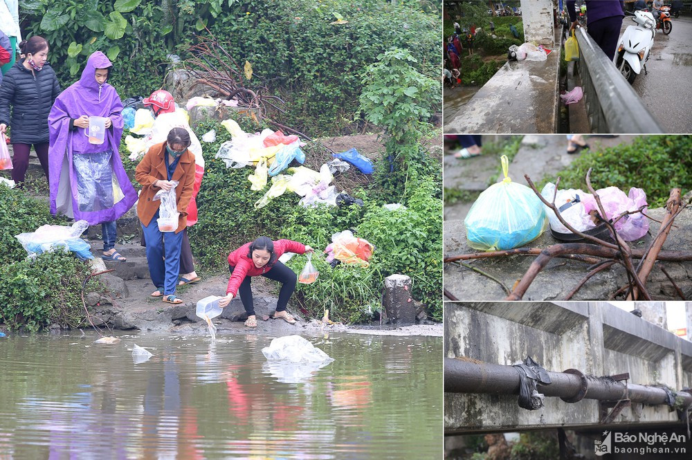 Thả cá xong thì...tiện tay bỏ luôn túi bóng bên bờ hồ.