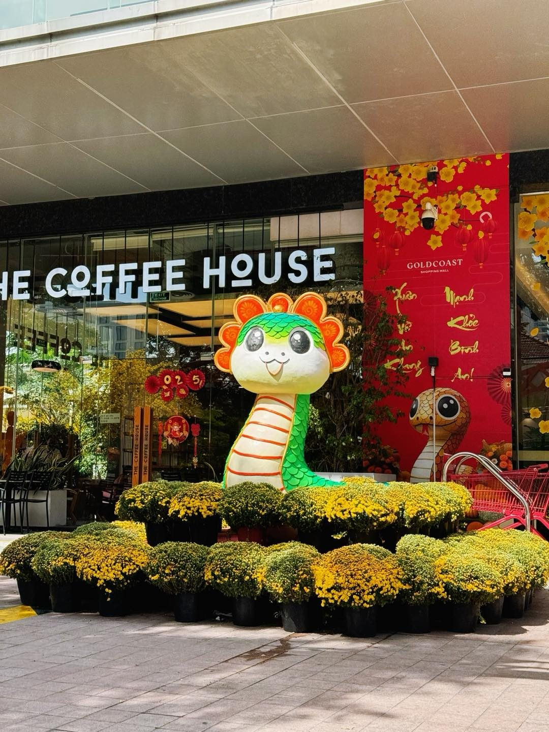 Linh vật rắn với biểu cảm đáng yêu, thu hút ánh nhìn của người qua đường.