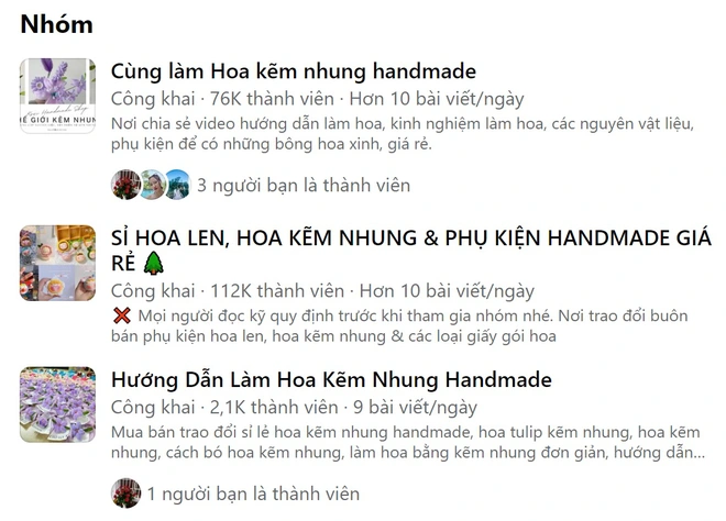 Nhiều hội nhóm về làm hoa kẽm nhung thủ công với hàng trăm nghìn thành viên được các chị em vô cùng hưởng ứng.