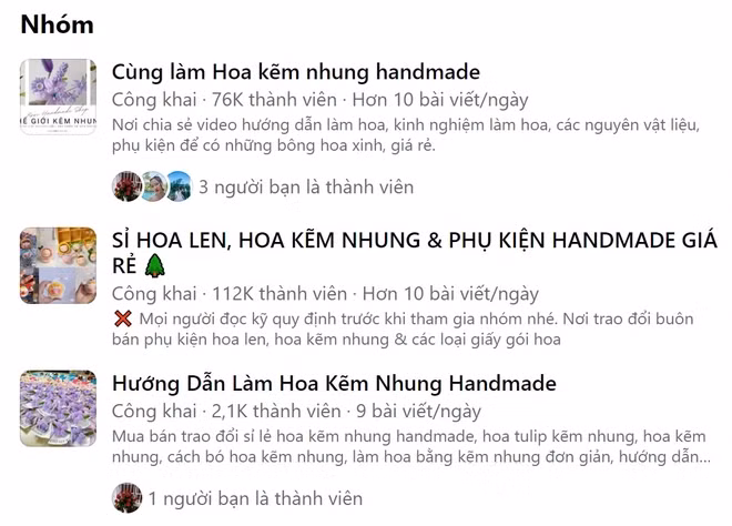 Nhiều hội nhóm về làm hoa kẽm nhung thủ công với hàng trăm nghìn thành viên được các chị em vô cùng hưởng ứng.