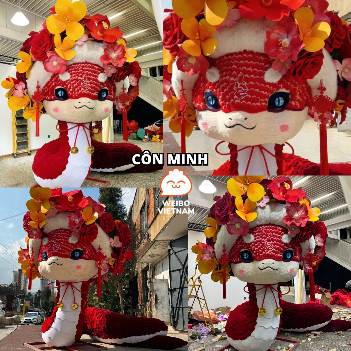 Chú rắn ở Côn Minh được khoác lên mình sắc đỏ với với tạo hình cực kỳ đáng yêu.