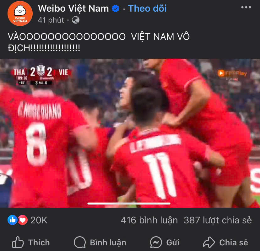 Nhiều fanpage lớn cũng nhanh chóng lên bài chúc mừng tuyển Việt Nam, thu về hàng chục nghìn lượt yêu thích chỉ trong vòng ít phút.