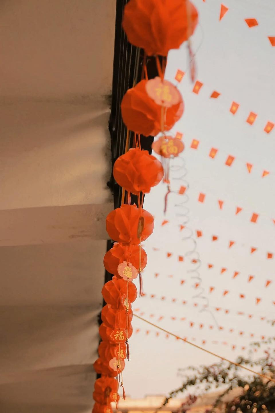 Những chiếc đèn lồng đỏ được treo cảm mang đến không khí Tết rộn ràng.