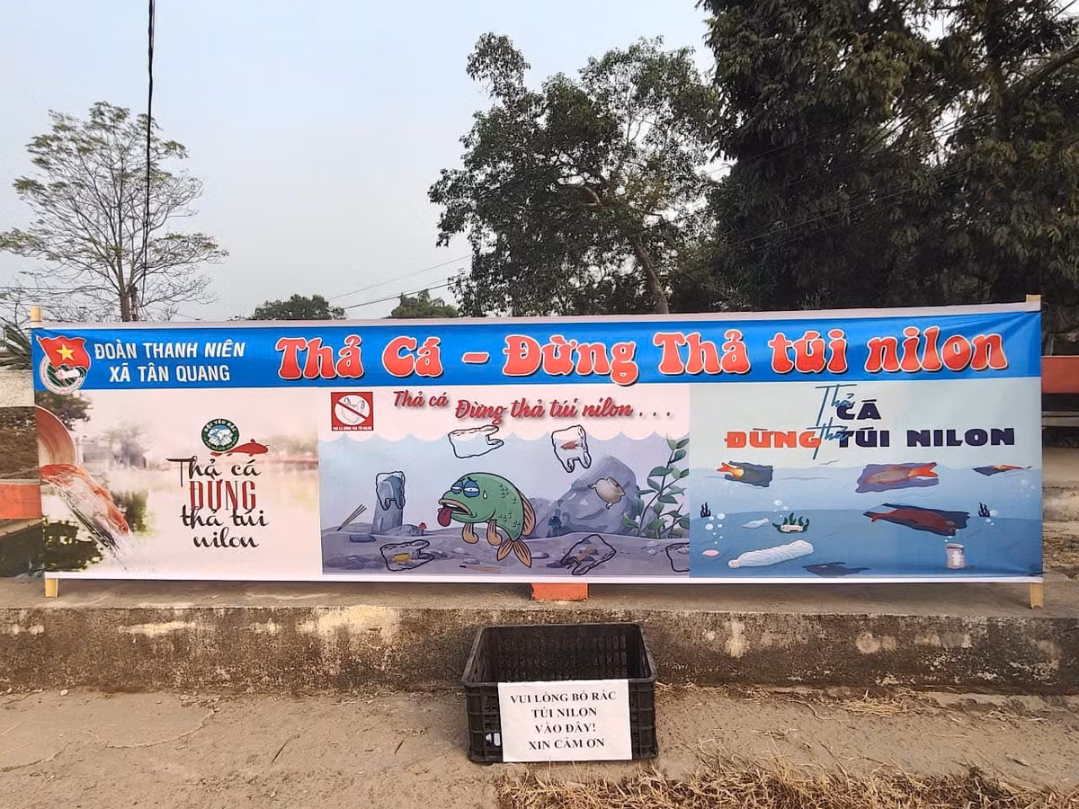 Những hình ảnh về hậu quả của việc thả cá lẫn túi bóng gây hại cho môi trường sông hồ được in trực quan trên các tấm băng rôn.