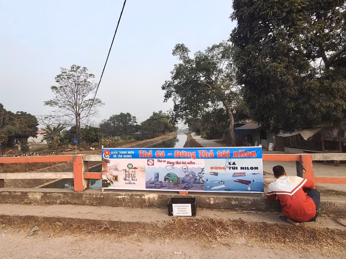 Các băng rôn với nội dung "thả cá không thả túi nilon" được treo trên các thành cầu.