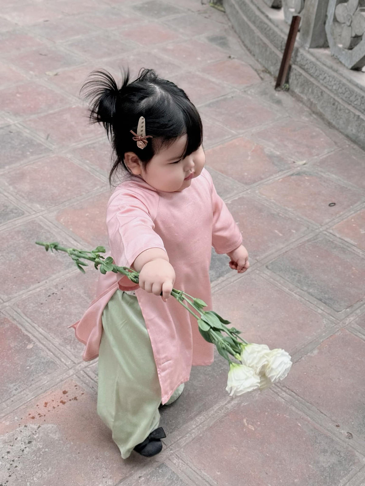 Trong tà áo dài duyên dáng màu hồng phần cùng bối cảnh ngoài trời, bé Dâu được mẹ đưa đi chụp vài tấm ảnh làm kỷ niệm.