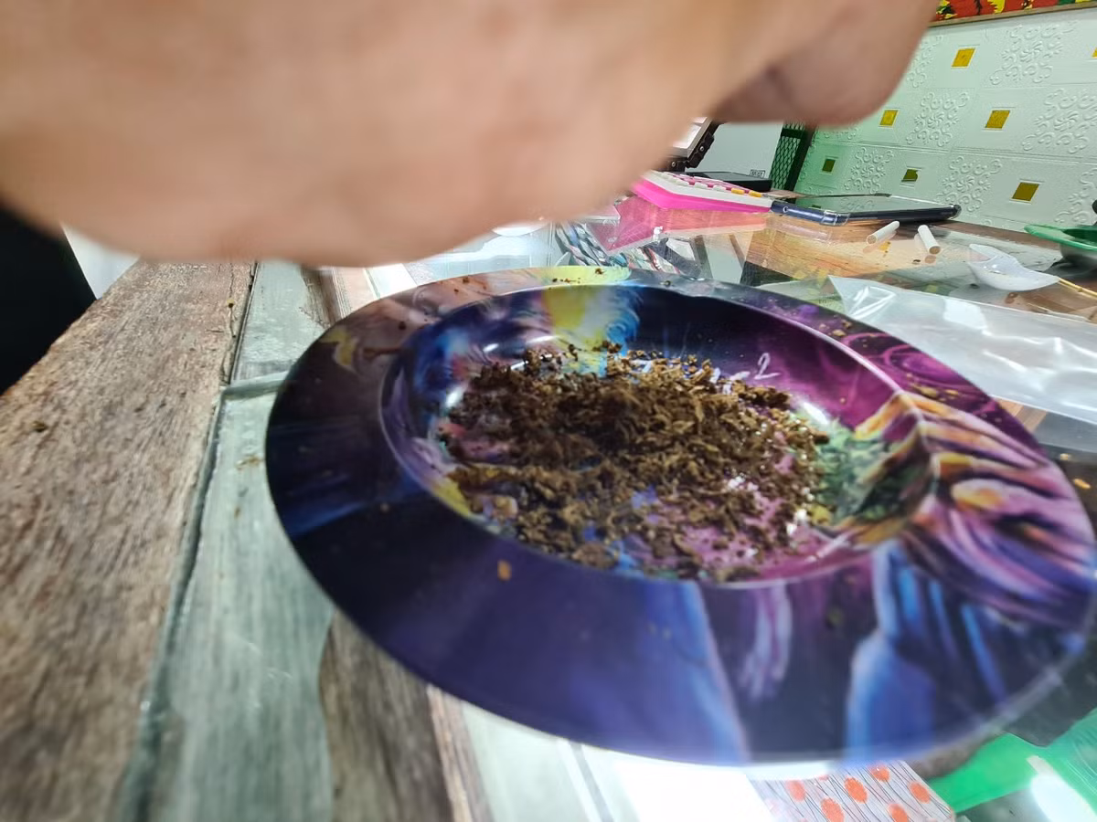 Tận mắt sản phẩm cần sa khô bán tại một cửa hàng ở đường phố Pataya.