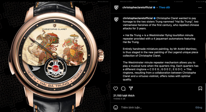 "Christophe Claret muốn bày tỏ lòng tôn kính tới Hai Bà Trưng - hai chị em cùng là anh hùng dân tộc của Việt Nam vào thế kỷ thứ I. Họ đã đứng lên khởi nghĩa chống nhà Hán trong 3 năm", Christophe Claret viết trong bài đăng trên mạng xã hội Linkedin.