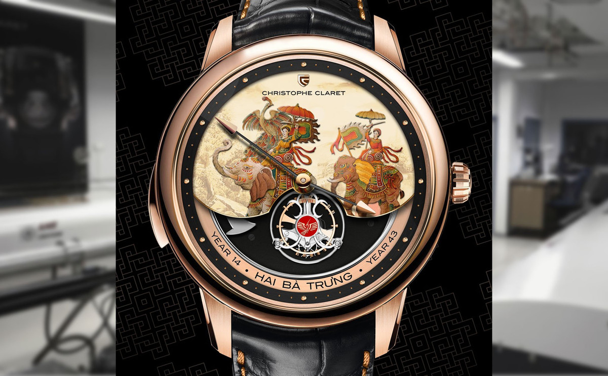 Hình ảnh Hai Bà Trưng cưỡi voi trên mặt đồng hồ của Christophe Claret do họa sĩ nổi tiếng người Thụy Sĩ André Martinez vẽ tay.